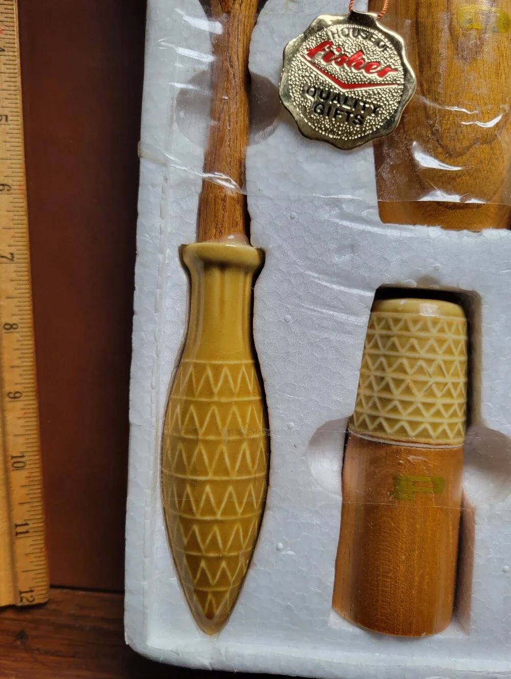Vtg House of Fisher 6pc Salad Condiment Set MCM Wood Ceramic Japan In Styrofoam